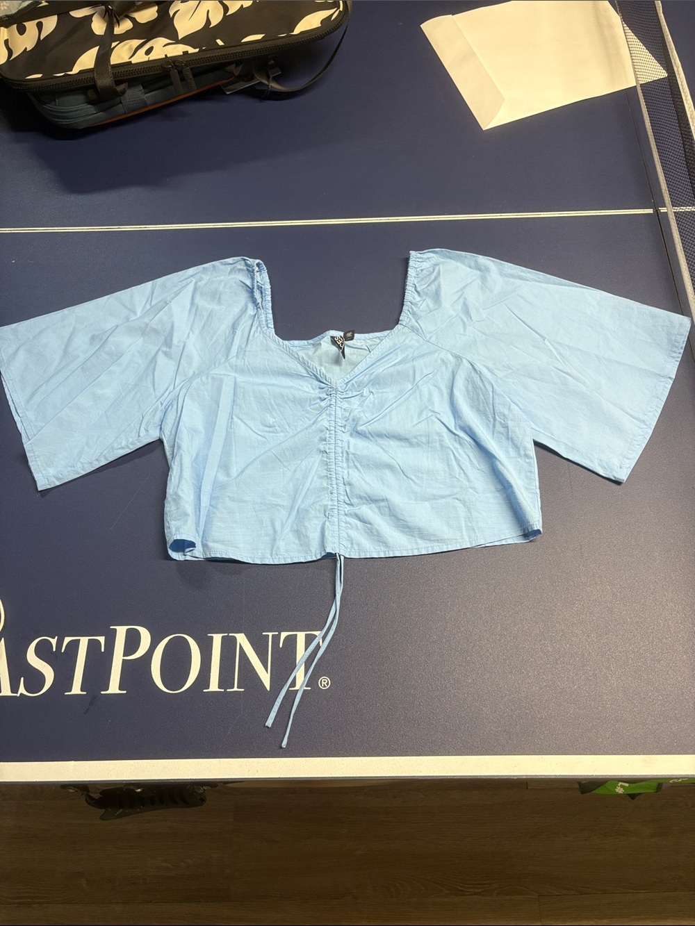 Sky Blue Drawstring V-Neck Cropped Top